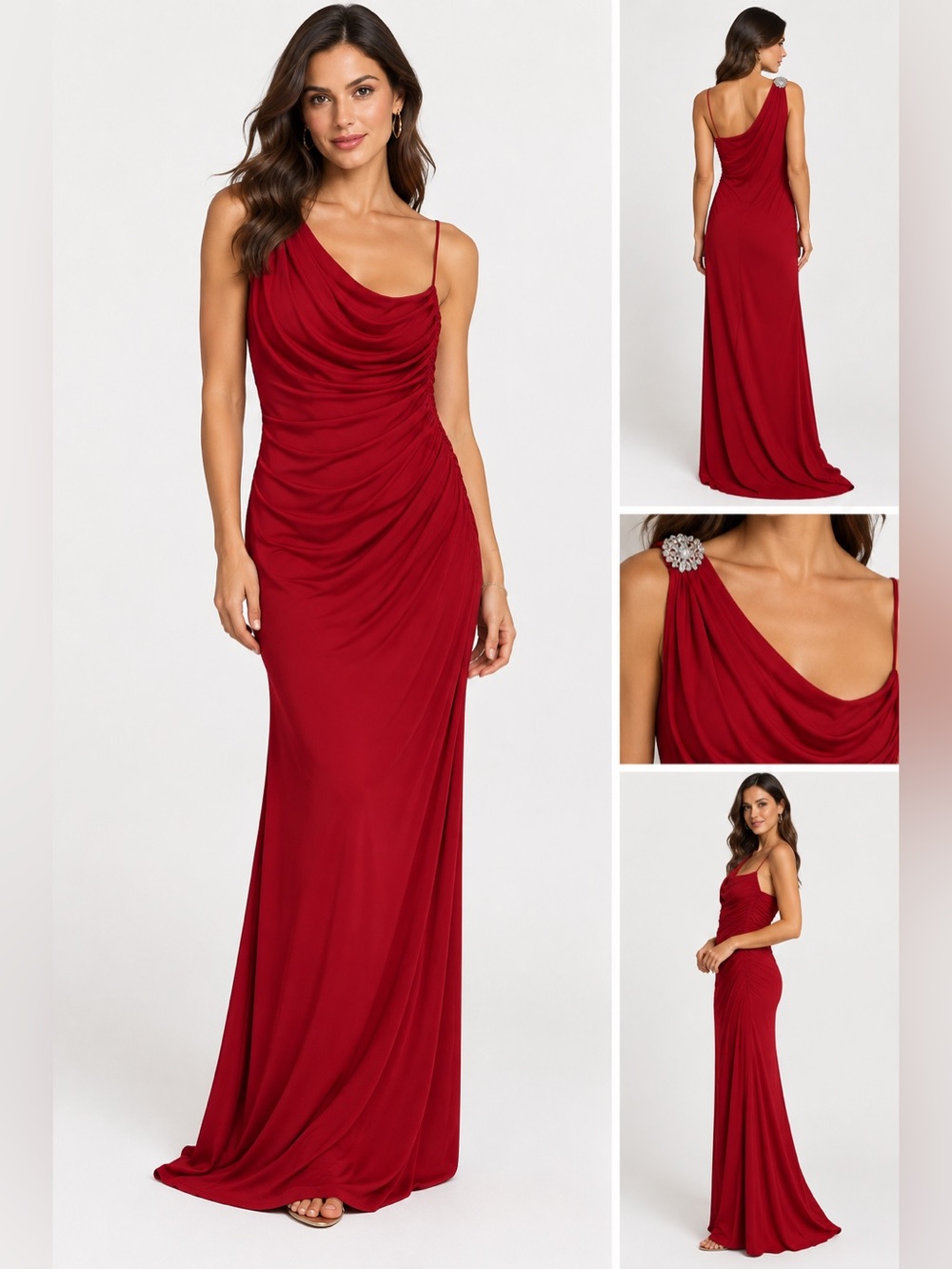 Ralph Lauren Crimson One-Shoulder Draped Evening Gown